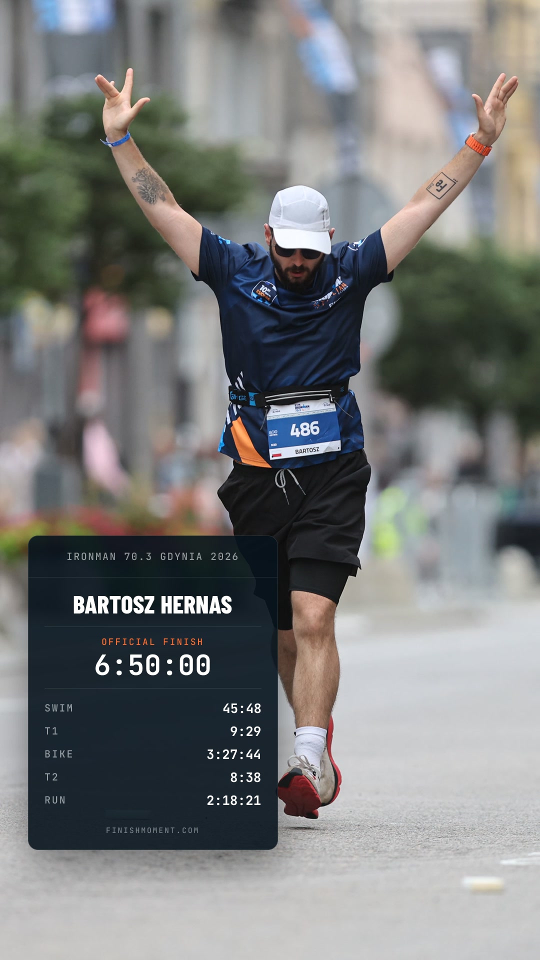 Finisher photo card: official splits overlaid on a finish photo